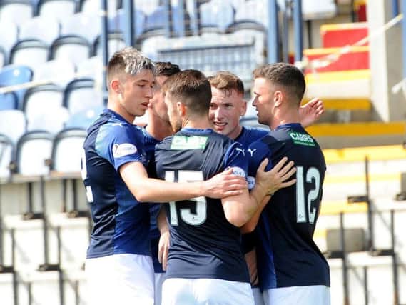 Raith players celebrate a goal in the previous home win against Clyde.