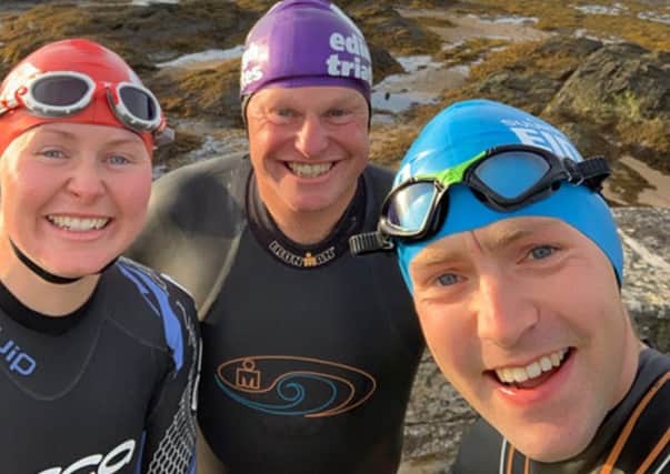 Tom Blankenstein, Catriona Quirie and Gavin Calder swam the 10 miles across the Forth from Elie to North Berwick.