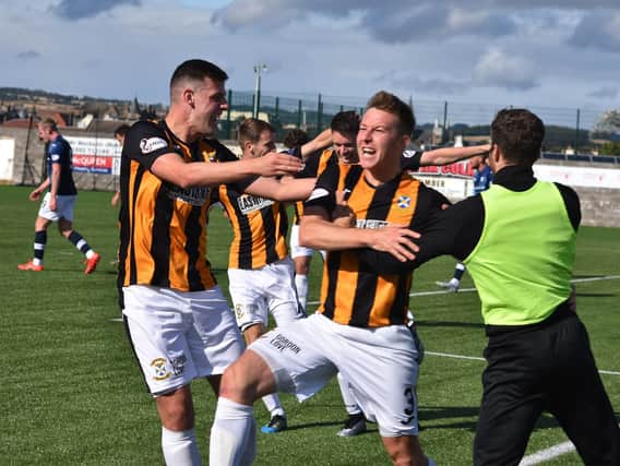 The celebrations start at Bayview after Chris Higgins puts the Methil men ahead. Pic by Kenny Mackay.