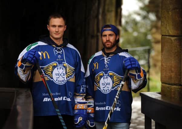 Defending the fort: Fife Flyers D-men Michal Gutwald and Scott Aarssen at Ravenscraig Castle ahead of the match against Glasgow Clan this Saturday.  Pic: Fife Photo Agency
