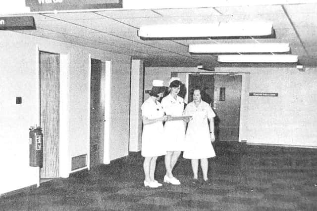 Staff in the reception area of the newly opened Forth Park Maternity Hospital in December 1976. From left are Sister E. Fisher, midwife M. Jack and Nursing Auxiliary E. Kaufmann.