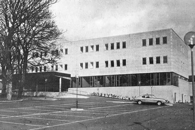 The main entrance of Kirkcaldy's newly built Forth Park Maternity Hospital  in October 1976.
