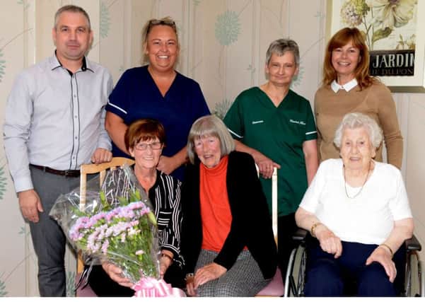 Care staff member Sandra Jarvie retired from Elizabeth House after 18 and a half years recently. from left (rear): Sam Boyd, manger, Nicola Adams, Maureen Falkner, Carol Ross, owner. Front from left: Sandra Jarvie, Anne Millar and Margaret Laird. Pic: George McLuskie.