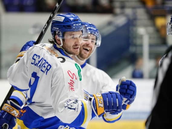 Chase Schaber celebrates after firing Fife Flyers into the lead in Coventry. Pic: Scott Wiggins