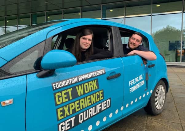 New car launch to promote Foundation Apprenticeships at Fife College - with   Eve Duncan and Max McKay, both in their second year of Scientific Technologies Foundation Apprenticeship