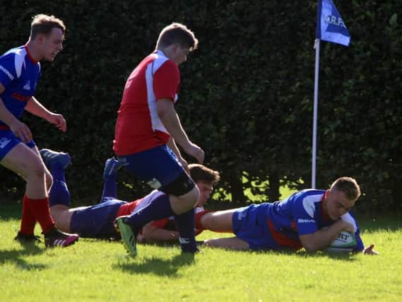 Owen Bonner touches down for one of his three tries in Kirkcaldy's win over Whitecraigs. Pic: Michael Booth
