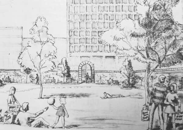 Volunteers Green, Kirkcaldy - drawing from 1973 by campaign groups which prevented the Town Council from building a multi-storey car park on the green space., The drawing shows their aims for the historic space.