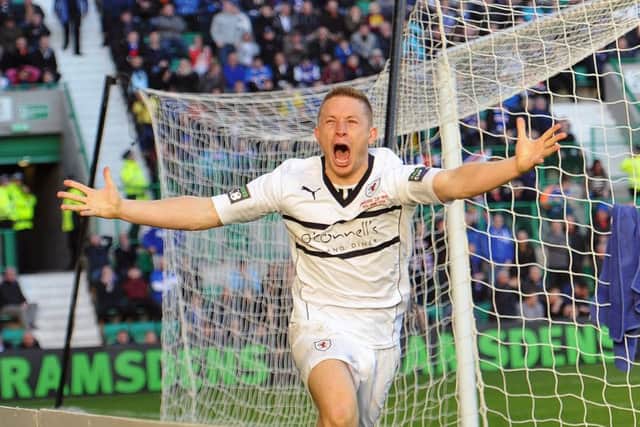 John Baird celebrates his winning goal - Raith Rovers against Rangers in the final of the Ramsdens Cup 2014 at Easter Road, Edinburgh. Pic: Neil Doig