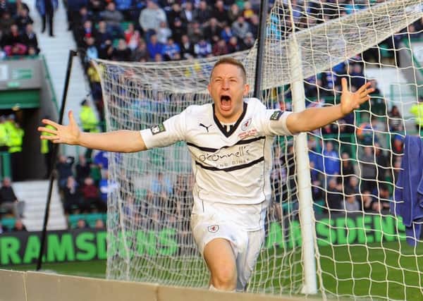 John Baird celebrates his winning goal - Raith Rovers against Rangers in the final of the Ramsdens Cup 2014 at Easter Road, Edinburgh. Pic: Neil Doig