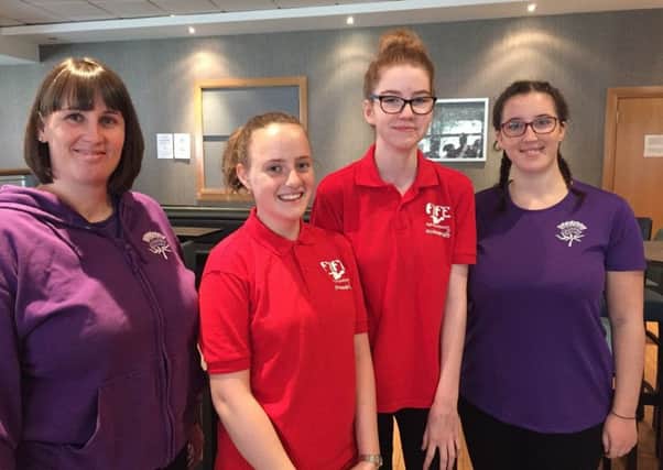 Pictured, from left to right. Lynn Harper, Head Coach Synchro Caledonia 13-15 Squad; Molly Sands, Eva Williamson, Rachel Harper, Assistant Coach, 13-15 squad. Picture taken at Synchro Caledonia training camp