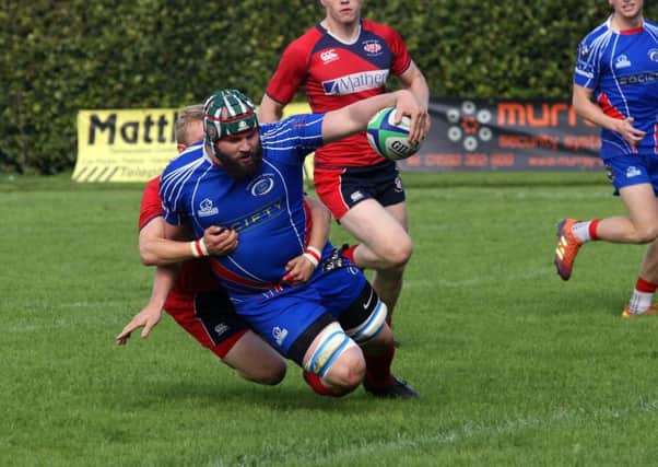 Jacob Ramsay scores for Kirkcaldy RFC against Newton Stewart earlier this season. (Photo by Michael Booth)