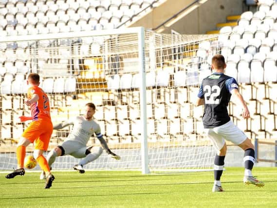 Kieron Bowie scores Raith's opener in the Challenge Cup win over Glenavon. Pic: Fife Photo Agency