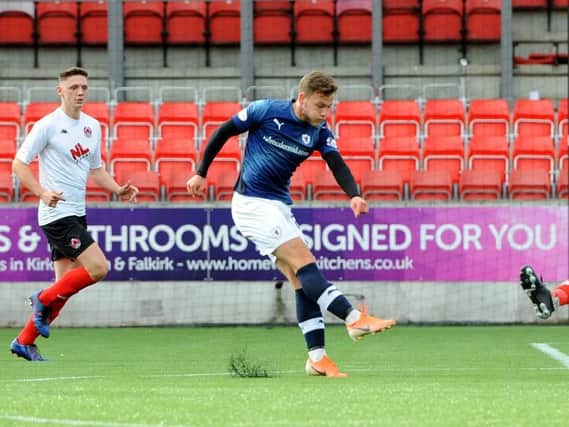 Jamie Gullan fires Raith into a two-goal lead at Clyde. Pic: Fife Photo Agency