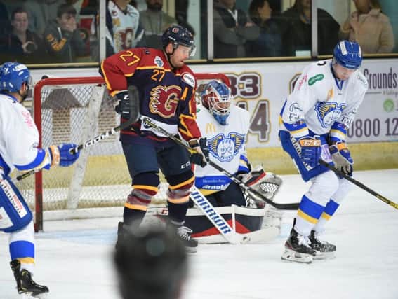 Action from last night's game in Guildford, which Fife won 2-1. Pic: John Uwins