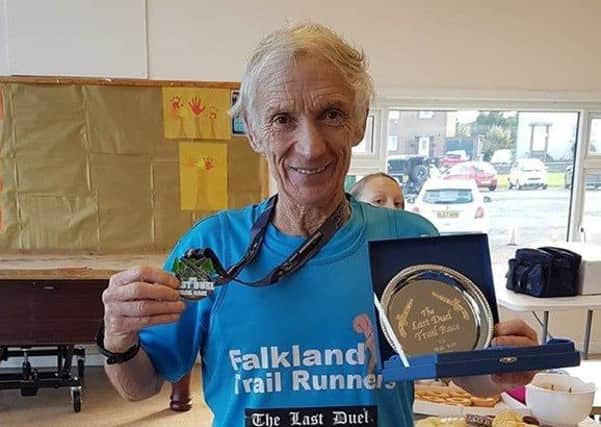 Bill Duff, who celebrated running his 100th race of the year by winning the M70 category at Last Duels Trail Race.