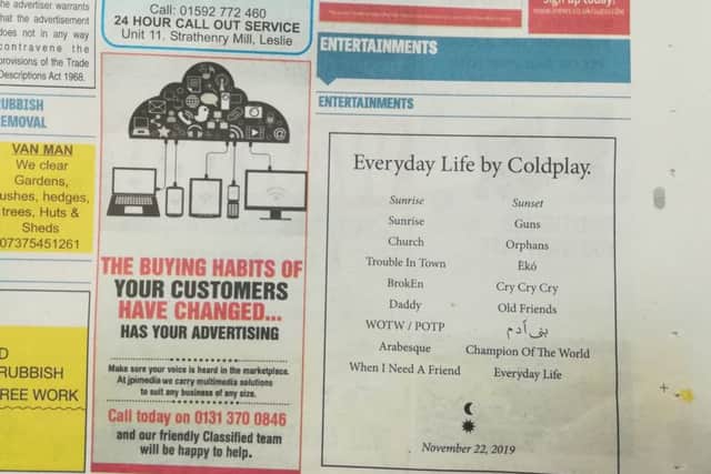 Coldplay announce new album track listing with classified advert in the Fife Free Press which is based in the home town of bass player Guy Berryman