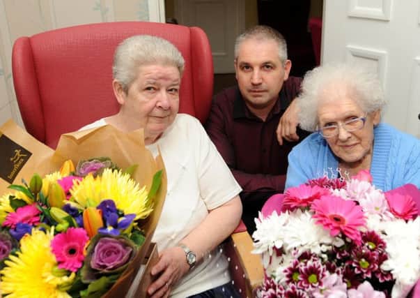 Rosemary Walker retired recently after 20 years of service at Elizabeth House. She is pictured (left) with manager Sam Boyd and longest resident Isobel Johnston, age 89. Pic: Fife Photo Agency.
