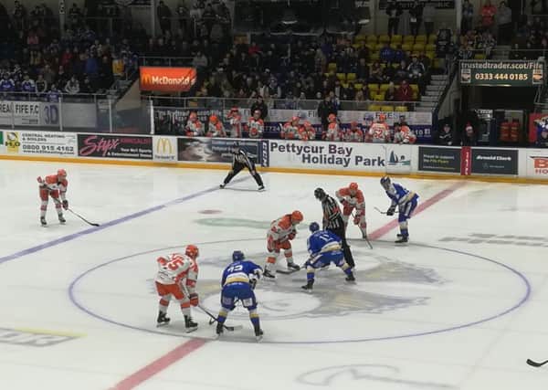 Opening face-off at Fife Flyers v Sheffield Steelers , Oct 2019