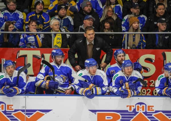 Todd Dutiaume, Fife Flyers head coach, on the bench  (Pic: Jillian McFarlane)