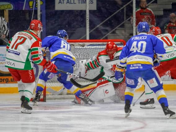 Paul Crowder opens the scoring on his way to notching a hat-trick against Cardiff Devils. Pic: Fife Flyers Images