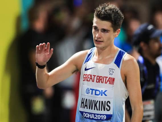 Britain's Callum Hawkins reacts after competing in the Men's 20km Race Walk at the 2019 IAAF Athletics World Championships in Doha on October 5, 2019. Photo by MUSTAFA ABUMUNES/AFP via Getty Images