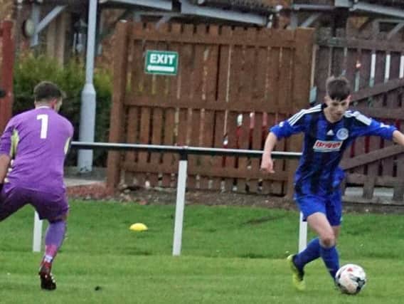 Reece Brown bags one of the consolation goals for Burntisland Shipyard in Saturday's defeat to Inverkeithing. Pic: Burntisland Shipyard