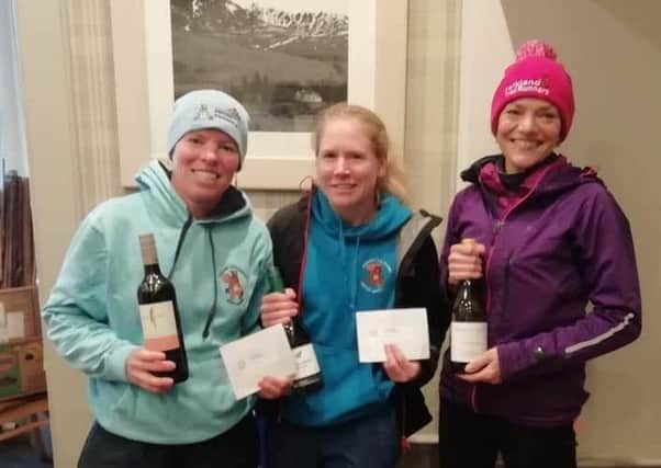 The trio of Susanne Lumsden, Hailey Marshall and Carolyn Haddow with their prizes following their fine run in the Glen Clova Half Marathon.