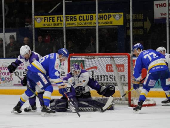 Fife Flyers put pressure on the Glasgow Clan net. Pic: Fife Flyers Images