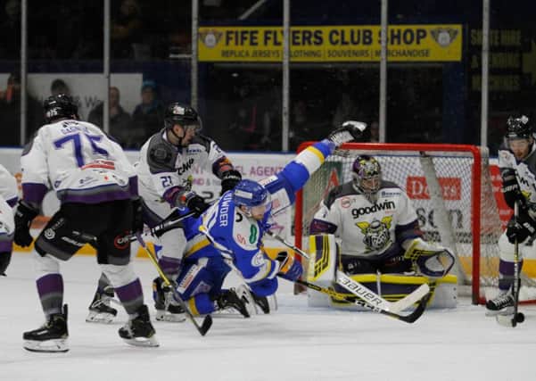 Tim Crowder takes a tumble against Manchester Storm last weekend.